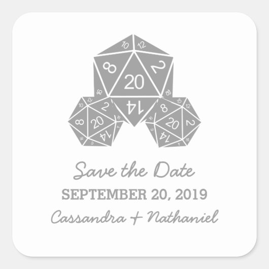 グレイ D20 サイコロ セーブ・ザ・デート スティッカー スクエアシール (正面)