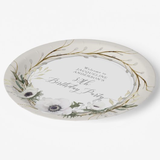 グレイBOHOホワイトフローラウィッグリースバースデーパーティー ペーパープレート (アングル)