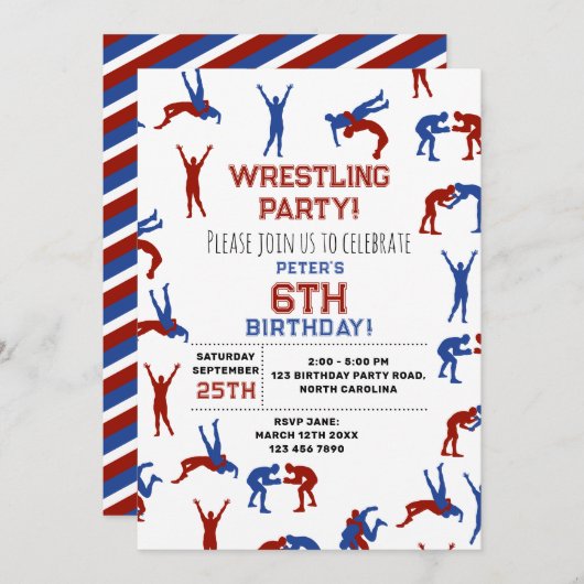 グレコローマンフリースタイルレスリング子供の誕生日 招待状 (正面/裏面)