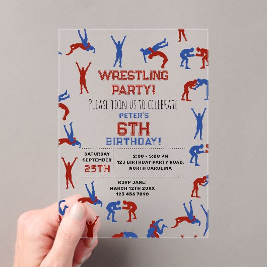 グレコローマンフリースタイルレスリング誕生日パーティー アクリル招待状 (インサイチュ (ポータブル))