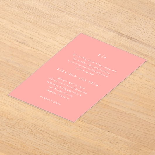 グレトチェンコーラルピンクエレガントな結婚式 アクリル招待状 (レイダウン)