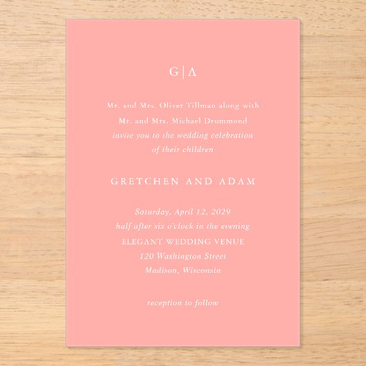 グレトチェンコーラルピンクエレガントな結婚式 アクリル招待状 (正面)