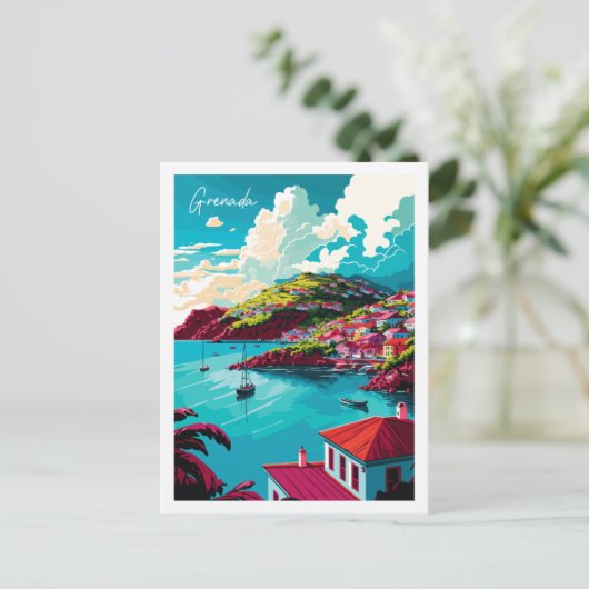 グレナダカリブのヴィンテージ旅行イラストレーション ポストカード (スタンド正面)