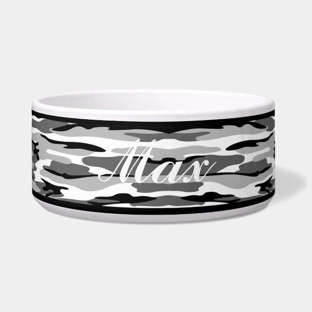 グレパーソナライズされたー&ブラックカモフラージュペットボウル ボウル (正面)