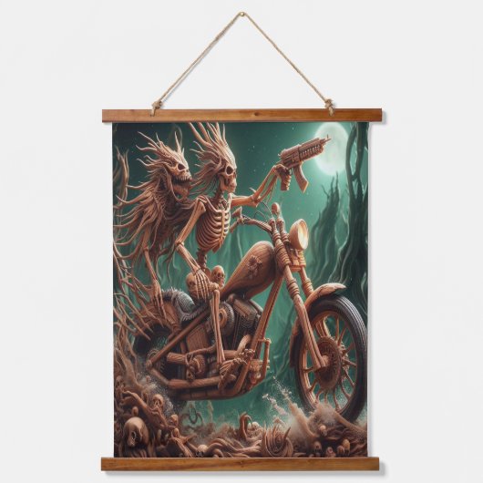 グレムボンとスカルダストが大きなチョッパーを乗せた 吊り下げ型タペストリー (正面)