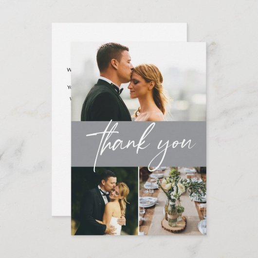 グレモダンイシンプル結婚ーの3枚の写真コラージュ サンキューカード (正面/裏面)
