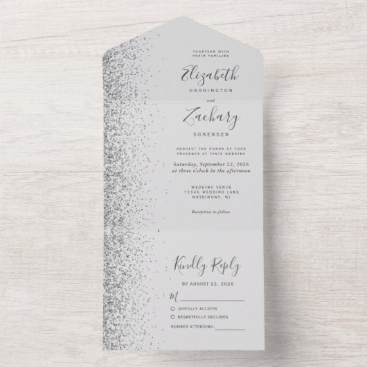 グレモダンイ淡い色のシルバーグリッター結婚ズ オールインワン招待状 (内側)