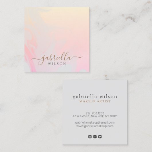 グレモダンー|桃のグラデーション大理石の署名 スクエア名刺 (正面/裏面)