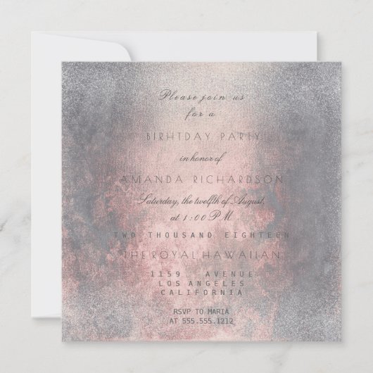 グレンジーグレーピンクのローズ金ゴールドブラシVip誕生日パーティー 招待状 (正面)