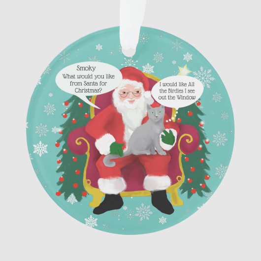 グレーおもしろいキャットがサンタにカスタム訪れる オーナメント (正面)