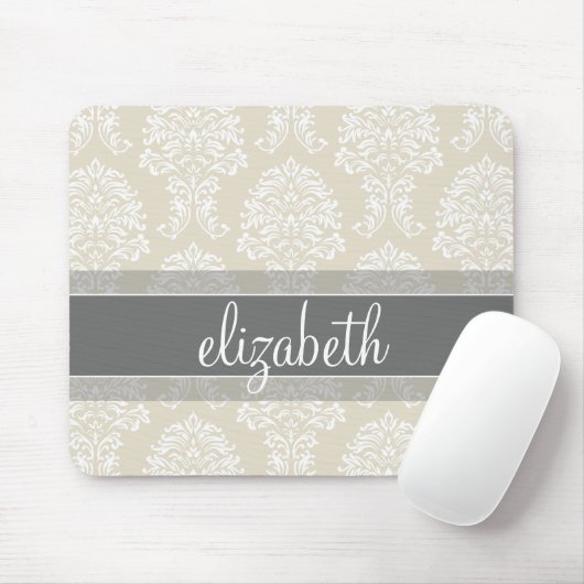 グレーおよびアイボリーヴィンテージの名前のダマスクパターン マウスパッド (マウス)