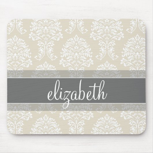 グレーおよびアイボリーヴィンテージの名前のダマスクパターン マウスパッド (正面)