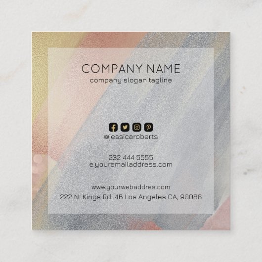 グレーおよびバラ金ゴールドブラシストロークの背景 スクエア名刺 (裏面)