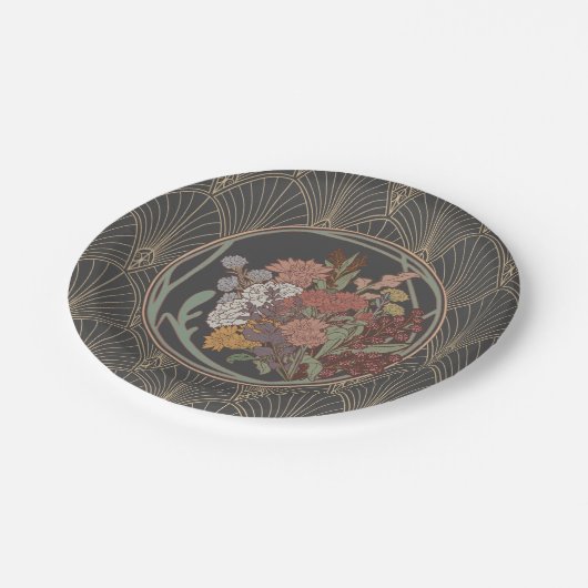 グレーおよび金ゴールドアールデコファン ペーパープレート (アングル)