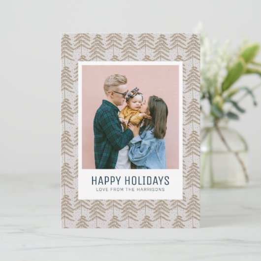 グレーお洒落金ゴールド松の木のパターン家族の写真 シーズンカード (スタンド正面)