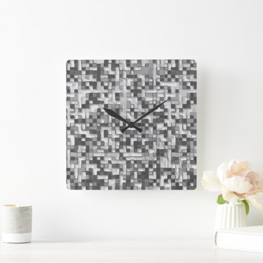 グレーからグレーのトーンの小さな正方形の重なり澄ん合 スクエア壁時計 (ホーム)