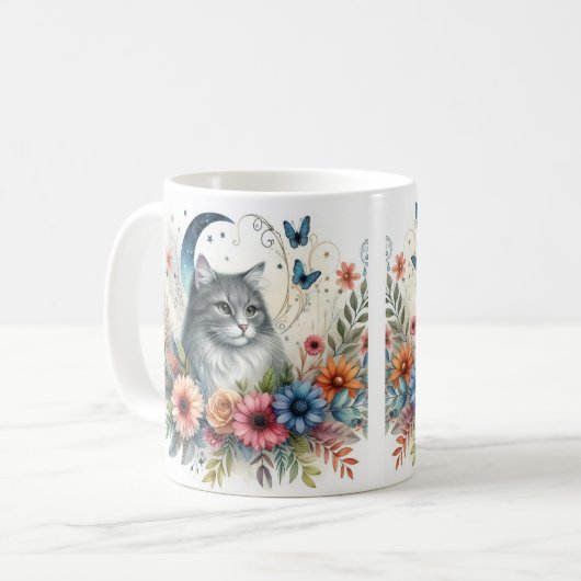 グレーかわいらしキャットポートレートと花マグカップ コーヒーマグカップ (正面左)