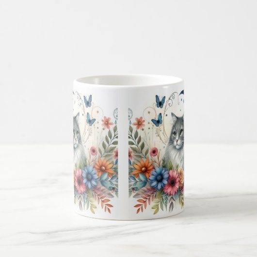 グレーかわいらしキャットポートレートと花マグカップ コーヒーマグカップ (中央)