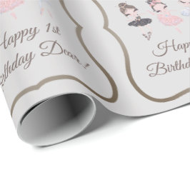 グレーかわいらしピンクバレリーナプリンセス1st誕生日 ラッピングペーパー