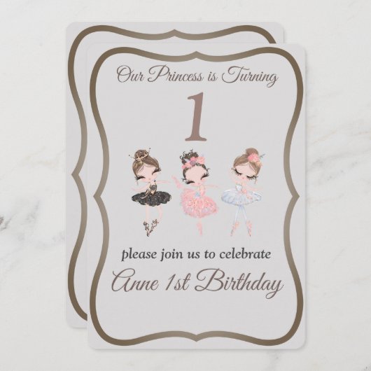 グレーかわいらしピンクバレリーナプリンセス1st誕生日 招待状 (正面/裏面)
