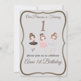 グレーかわいらしピンクバレリーナプリンセス1st誕生日 招待状
