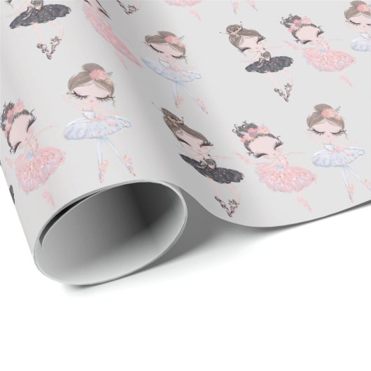 グレーかわいらし金ゴールドブルーピンクウォーターカラーバレリーナ ラッピングペーパー (ロールコーナー)