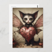 グレーこうもりキャットフェアリーとピンクハート ポストカード (正面/裏面)