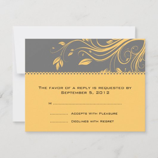 グレーとイエローのフローラが結婚式のRSVPに旋回 出欠カード (正面)