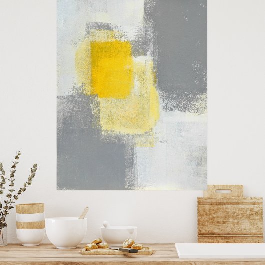 グレーとイエローの抽象芸術アート ポスター (キッチン)