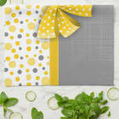 グレーとイエローの水玉模様、サニーイエローリボン キッチンタオル (折り畳み)