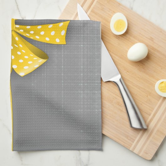 グレーとイエローの水玉模様、サニーイエローリボン キッチンタオル (四つ折り)