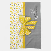 グレーとイエローの水玉模様、サニーイエローリボン キッチンタオル (縦)