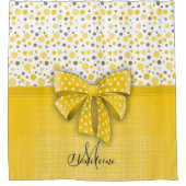 グレーとイエローの水玉模様、サニーイエローリボン シャワーカーテン (正面)