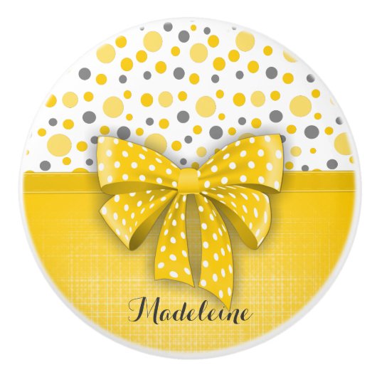 グレーとイエローの水玉模様、サニーイエローリボン セラミックノブ (正面)