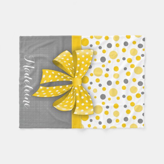 グレーとイエローの水玉模様、サニーイエローリボン フリースブランケット (正面(横))
