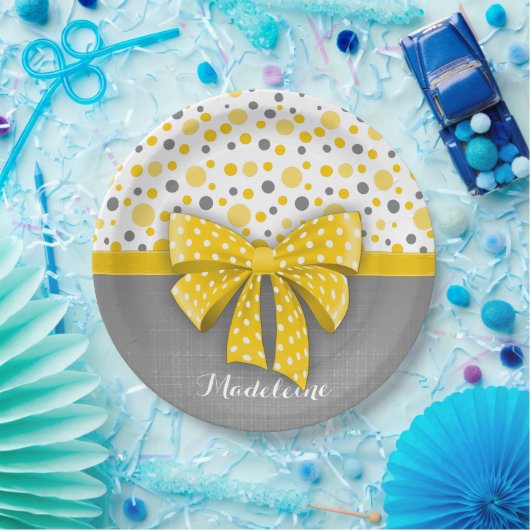 グレーとイエローの水玉模様、サニーイエローリボン ペーパープレート (パーティー)