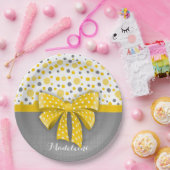 グレーとイエローの水玉模様、サニーイエローリボン ペーパープレート (パーティー)