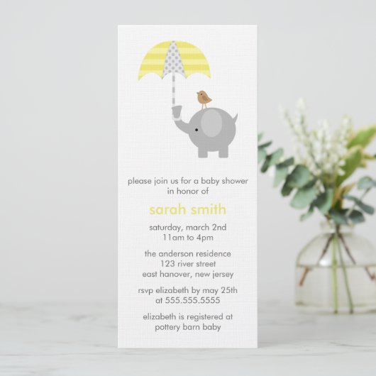 グレーとイエローエレファントベビーシャワー 招待状 (スタンド正面)