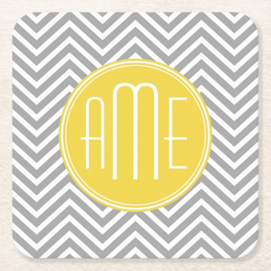 グレーとイエローシェブロンカスタムズモノグラム スクエアペーパーコースター (正面)