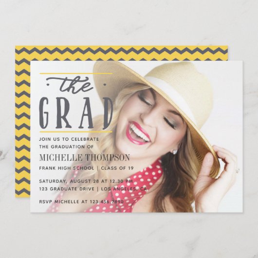 グレーとイエローシェブロン大学院パーティの招待状 招待状 (正面/裏面)