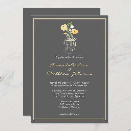 グレーとイエローメイソンジャー結婚式招待状 招待状 (正面/裏面)