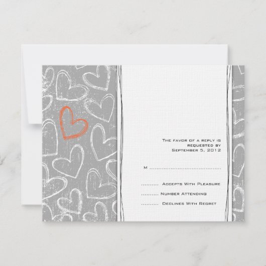 グレーとオレンジのハートのグランジ結婚式のRSVP 出欠カード (正面)
