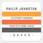 グレーとオレンジのレトロストライプ差出人住所ラベル スクエアシール (正面)