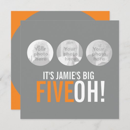 グレーとオレンジ50th FIVEOH！フォト誕生日招待状 招待状 (正面/裏面)