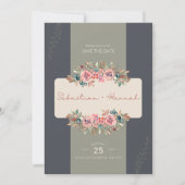 グレーとクリームのヴィンテージ装飾日付を保存 セーブザデート (正面)