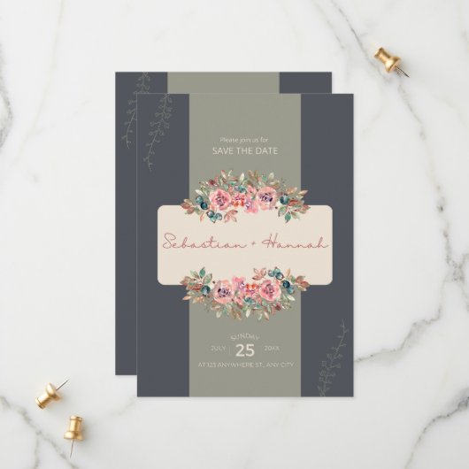 グレーとクリームのヴィンテージ装飾日付を保存 セーブザデート (正面/裏面インサイチュ)