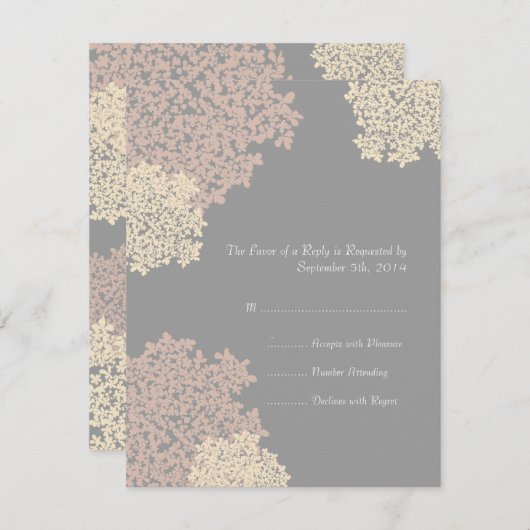 グレーとクリームクイーンアンズレースウェディングRSVP 出欠カード (正面/裏面)