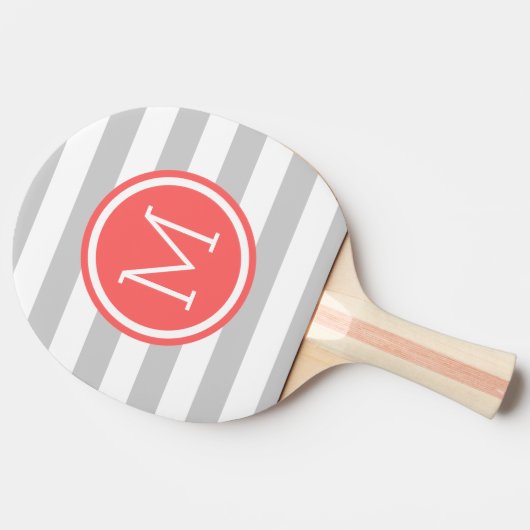 グレーとコーラル名門私立校風のストライプズモノグラム 卓球ラケット (横)