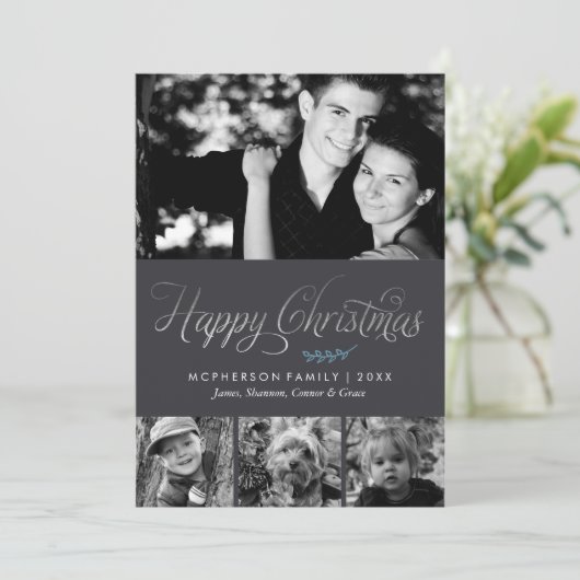 グレーとシルバーの幸せなクリスマスの写真 シーズンカード (スタンド正面)