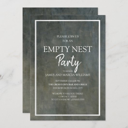 グレーとシルバーの質感のある見た目の空の巣パーティー 招待状 (正面/裏面)